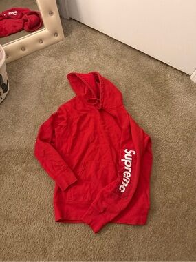 Supreme Red Pullover Hoodie with White Sleeve Logo